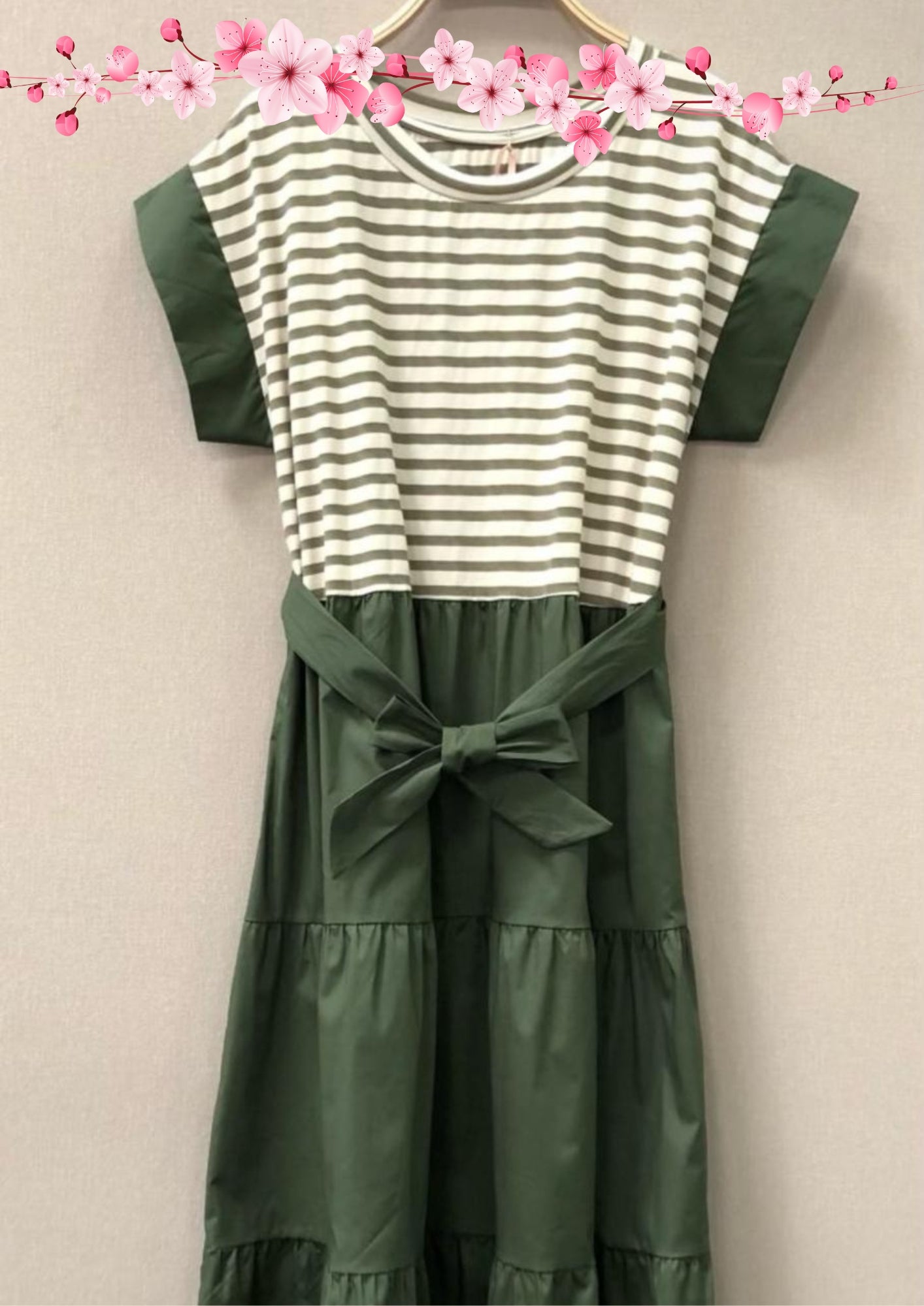 VESTIDO RAYAS KAKI MANGA CORTA
