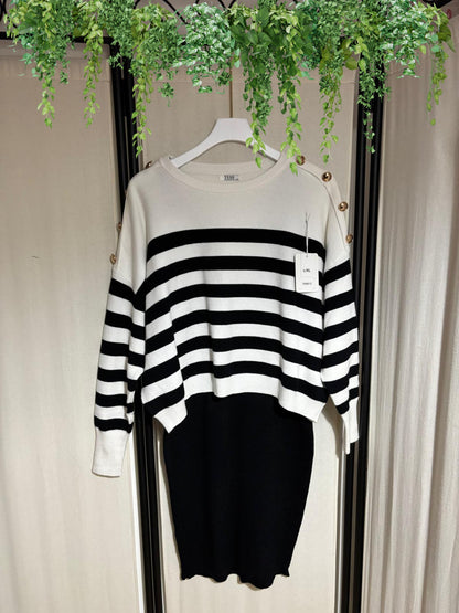 CONJUNTO DE VESTIDO Y JERSEY DE PUNTO RAYAS NEGRO Y BLANCO